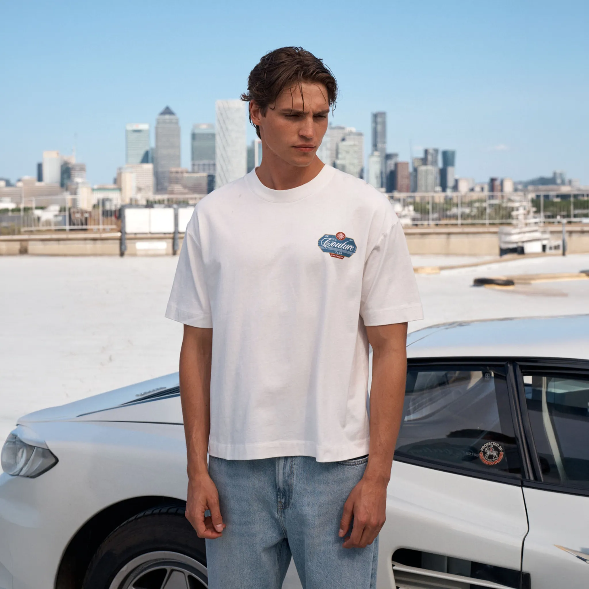 Model View of The Couture Club Vintage Script Graphic Off White T-Shirt